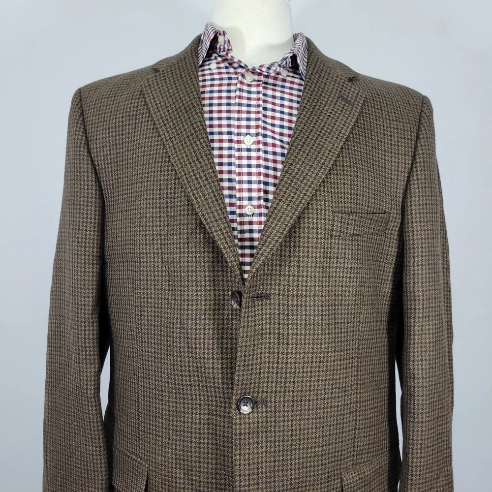 Stafford Essentials Mens Sport Coat Three‎ Button Brown Houndstooth Wool 44L